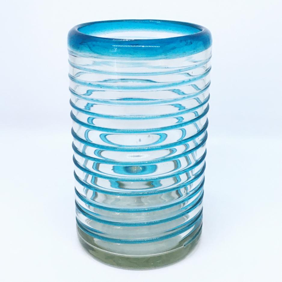 VIDRIO SOPLADO al Mayoreo / vasos grandes con espiral azul aqua, 14 oz, Vidrio Reciclado, Libre de Plomo y Toxinas / stos vasos son la combinacin perfecta de belleza y estilo, con espirales azul aqua alrededor.